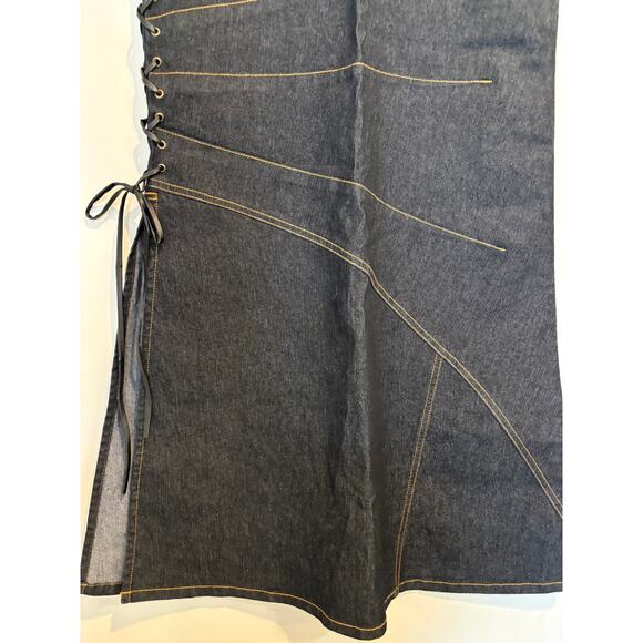 Vintage Y2K Denim Maxi Skirt Lace Up Asymmetrical Grunge Size 6 Dark Wash New - Picture 2 of 7